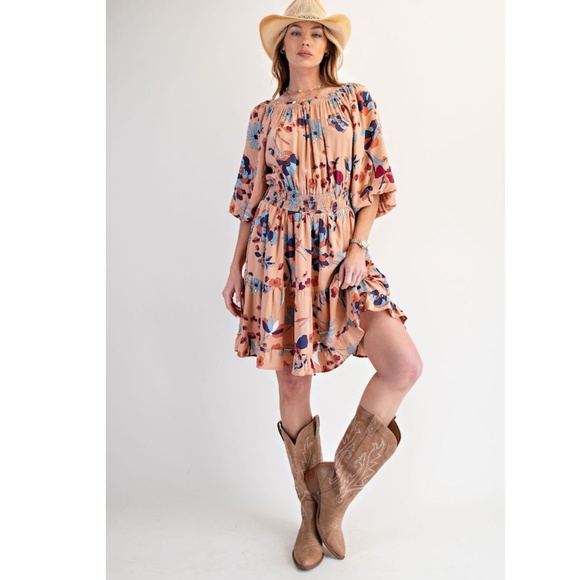 "The Roxy" Latte Floral Smocked Waist Dress - Picture 2 of 6